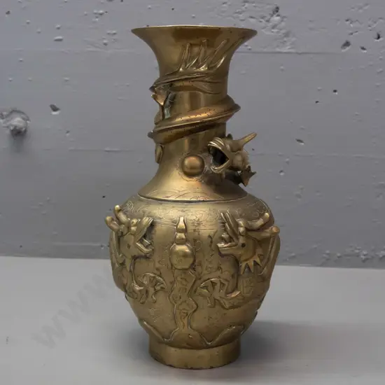 Chinese cast brass vase with etched motifs and applied dragon decoration - slight denting at top rim, discolouration