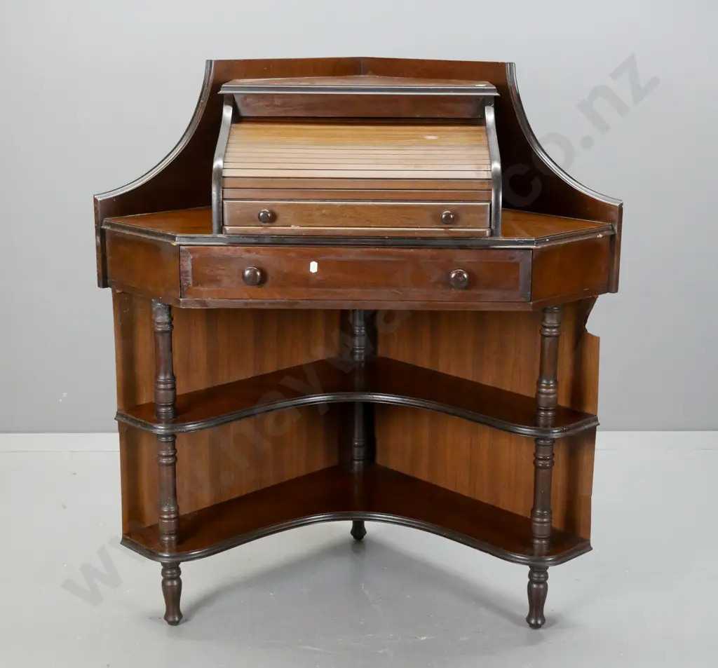 retro cedar compact corner desk with roll top writing area with pigeonholes, over one drawer, w/ turned supports to 2 Image 1++