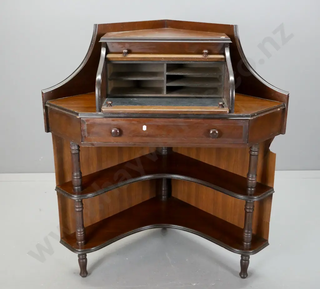 retro cedar compact corner desk with roll top writing area with pigeonholes, over one drawer, w/ turned supports to 2 Image 1++