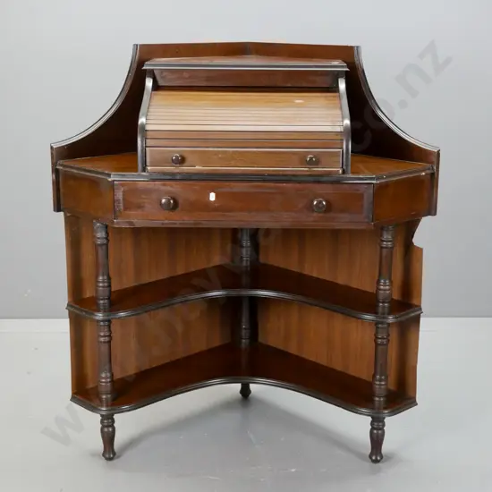 retro cedar compact corner desk with roll top writing area with pigeonholes, over one drawer, w/ turned supports to 2