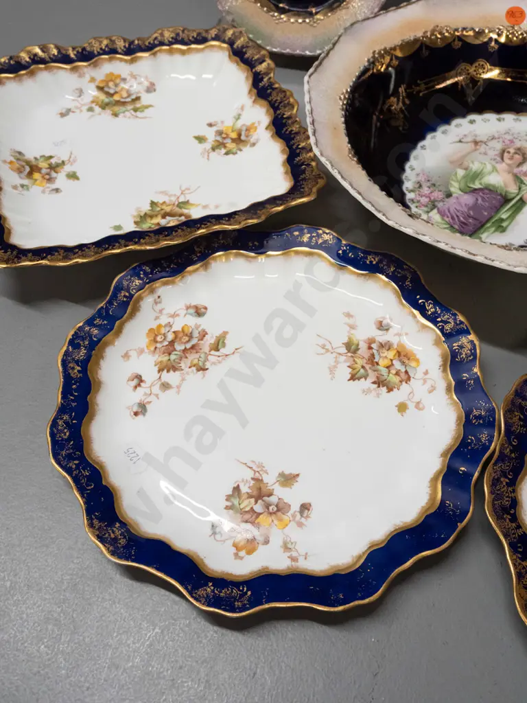 7 pieces of gilt trimmed china - 4 plates & a square dish marked "Kimberley / W.A.A. & Co." and 2 pieces of Orion China Image 1++