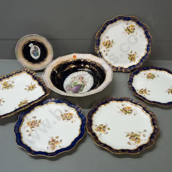 7 pieces of gilt trimmed china - 4 plates & a square dish marked "Kimberley / W.A.A. & Co." and 2 pieces of Orion China