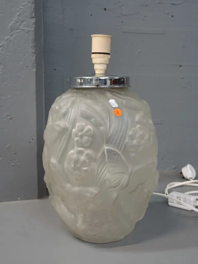 moulded frosted clear glass table lamp base with chrome journal, no shade - butterfly and flower motifs. Going but bulb Image 1++