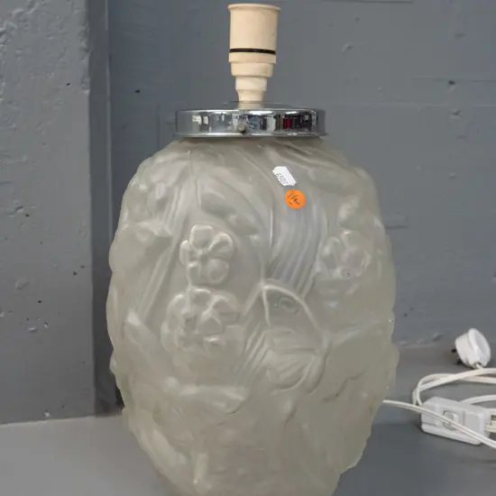 moulded frosted clear glass table lamp base with chrome journal, no shade - butterfly and flower motifs. Going but bulb