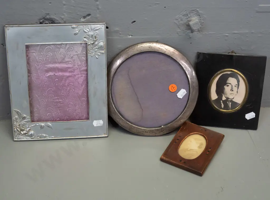 4 vintage picture or photo frames - round sterling silver, small inlaid wood, ebonised wood and pressed metal with Image 1++