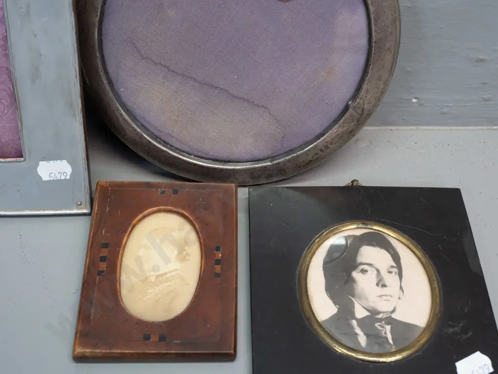 4 vintage picture or photo frames - round sterling silver, small inlaid wood, ebonised wood and pressed metal with Image 1++