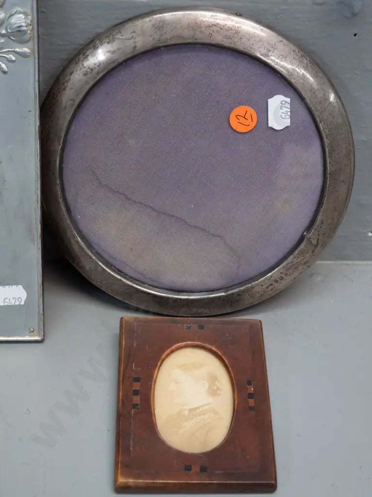 4 vintage picture or photo frames - round sterling silver, small inlaid wood, ebonised wood and pressed metal with Image 1++