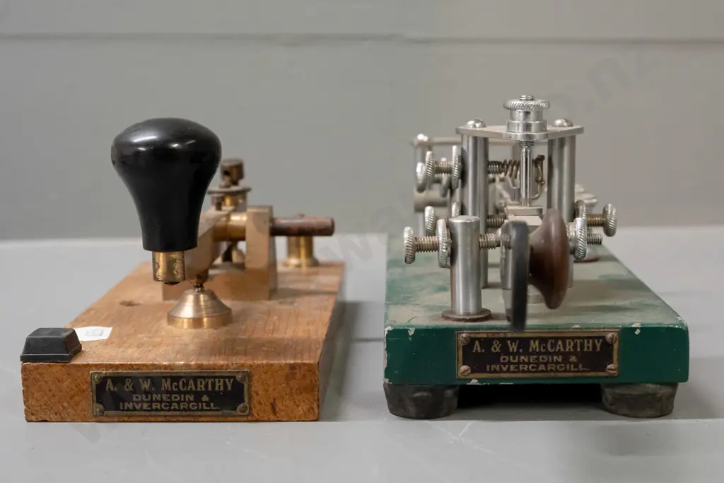 2 vintage Morse code keys with AW McCarthy Dunedin & Invercargill plaques - one painted cast metal, other is brass on Image 1++