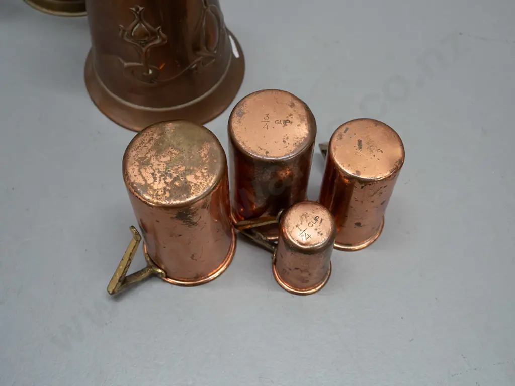 art nouveau copper lidded jug marked JS&S, English Weber Ware copper jug with brass handle and rim and 4 copper plated Image 1++