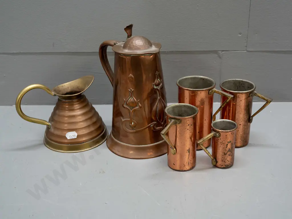 art nouveau copper lidded jug marked JS&S, English Weber Ware copper jug with brass handle and rim and 4 copper plated Image 1++