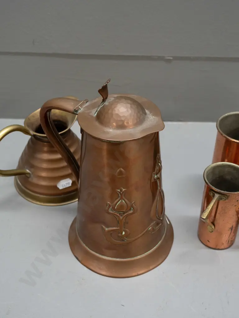art nouveau copper lidded jug marked JS&S, English Weber Ware copper jug with brass handle and rim and 4 copper plated Image 1++
