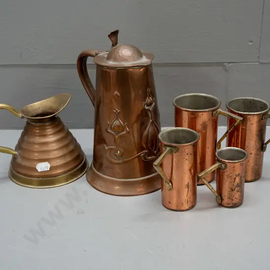 art nouveau copper lidded jug marked JS&S, English Weber Ware copper jug with brass handle and rim and 4 copper plated