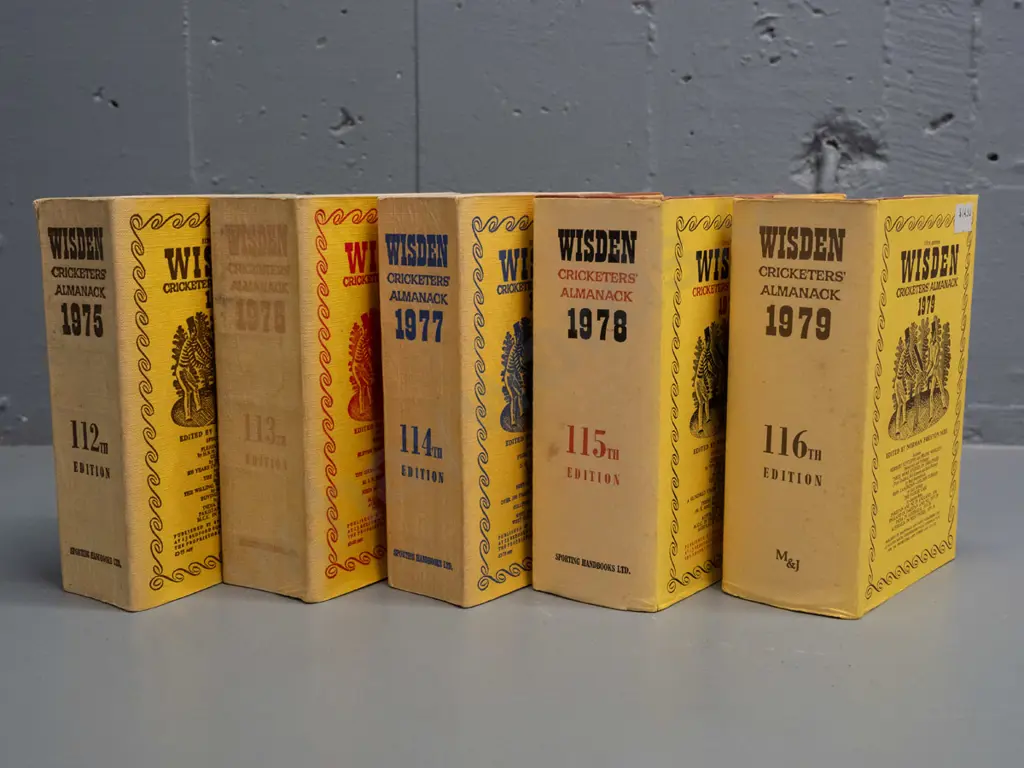 5 Wisden Cricketer's Almanack books - 1975 thru 1979 - some wear, fading & marks Image 1++