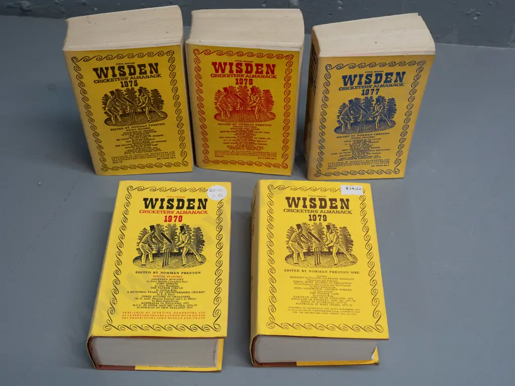 5 Wisden Cricketer's Almanack books - 1975 thru 1979 - some wear, fading & marks Image 1++