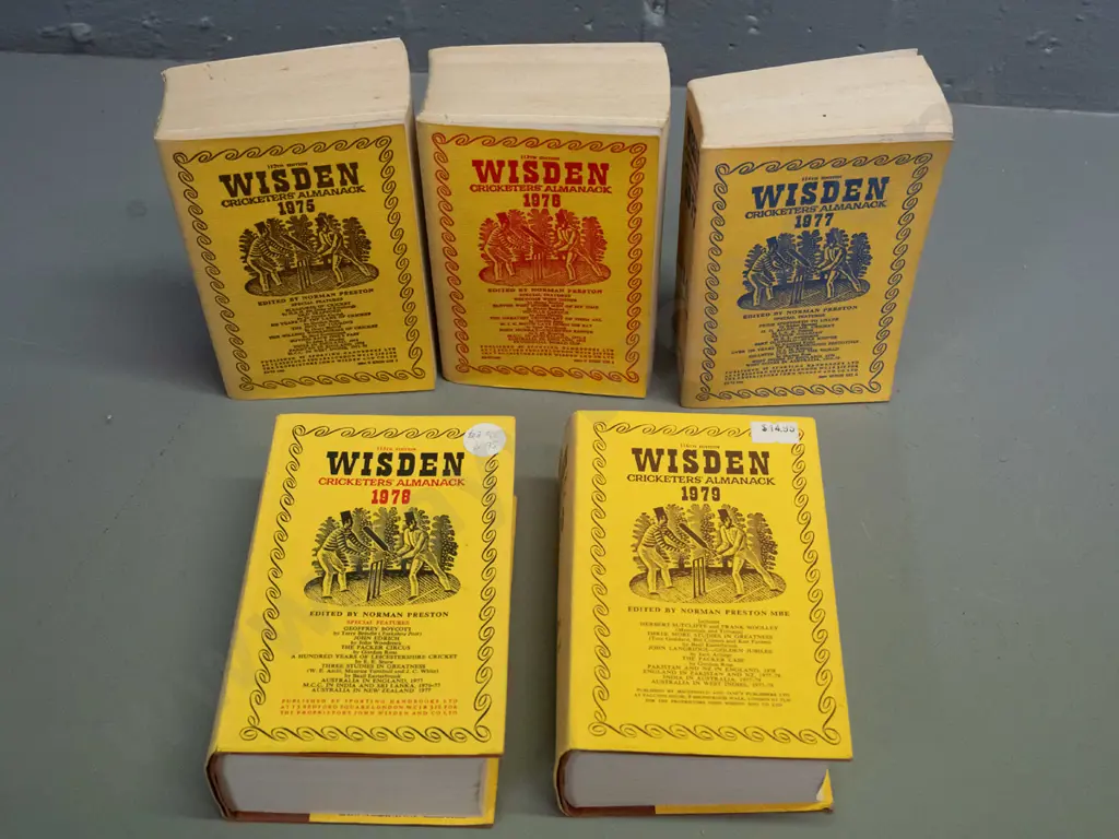 5 Wisden Cricketer's Almanack books - 1975 thru 1979 - some wear, fading & marks Image 1++