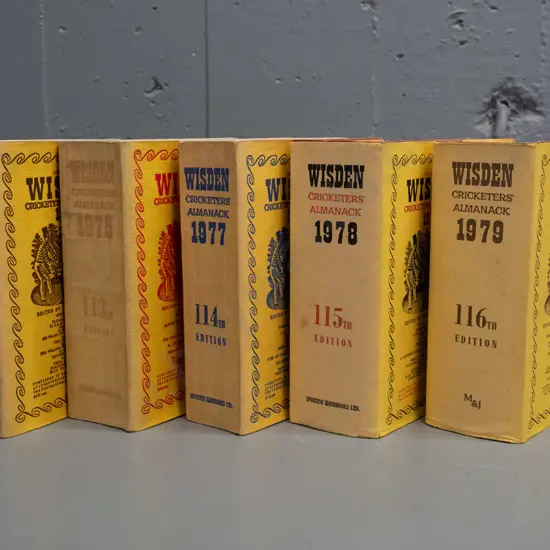 5 Wisden Cricketer's Almanack books - 1975 thru 1979 - some wear, fading & marks