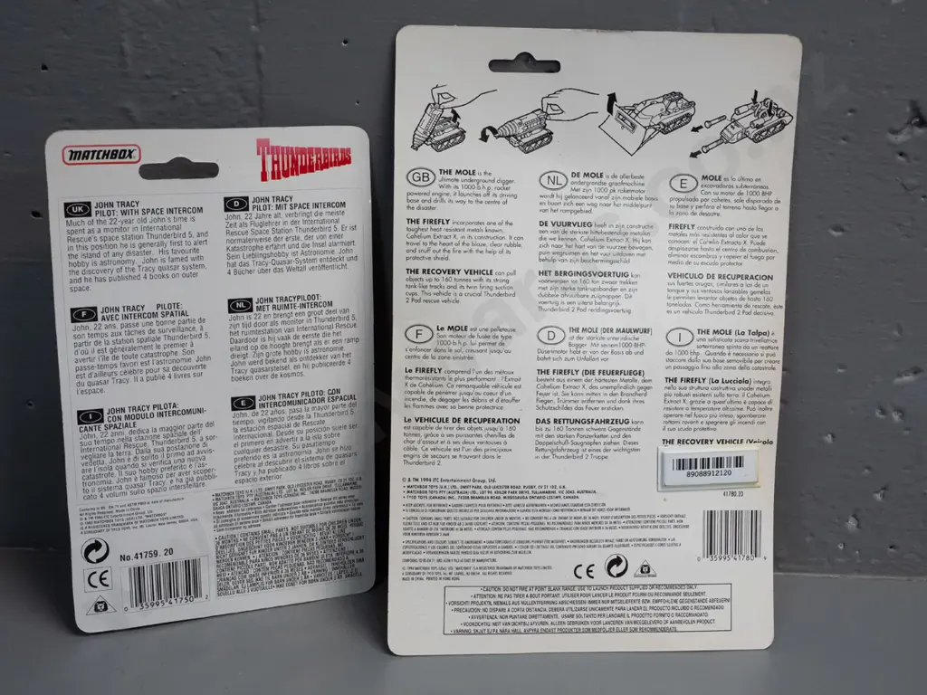 3 carded Matchbox Thunderbirds figures and vehicle, dated 1993 & 1994 - Thunderbird 2 and Thunderbird 4 set, John Tracy, Image 1++