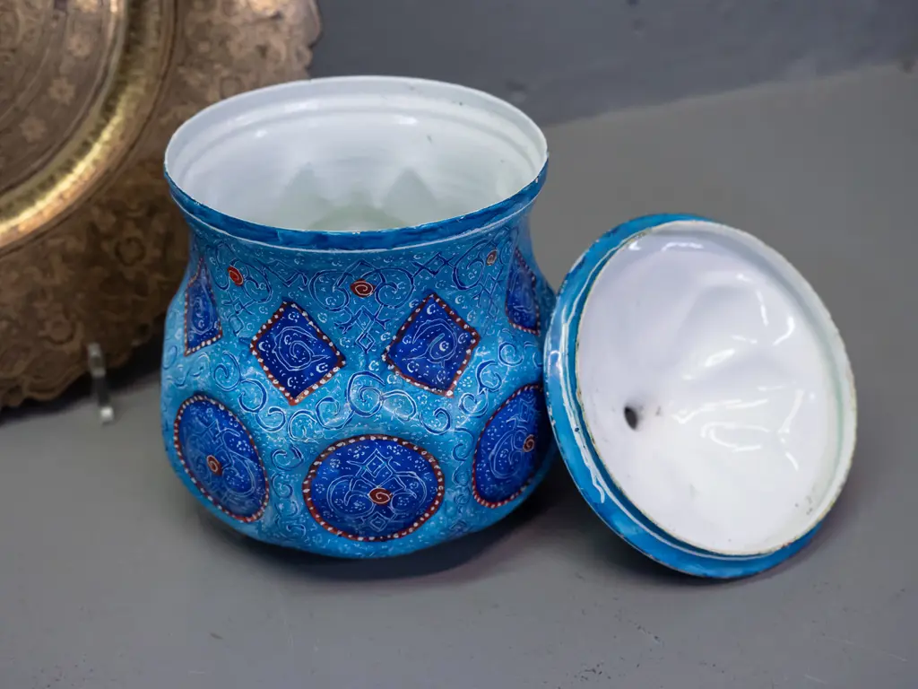 3 items - Iranian Minakari blue lidded pot, brass and niello decorative plate (Syrian?) D-240 and a yellow cloisonne Image 1++