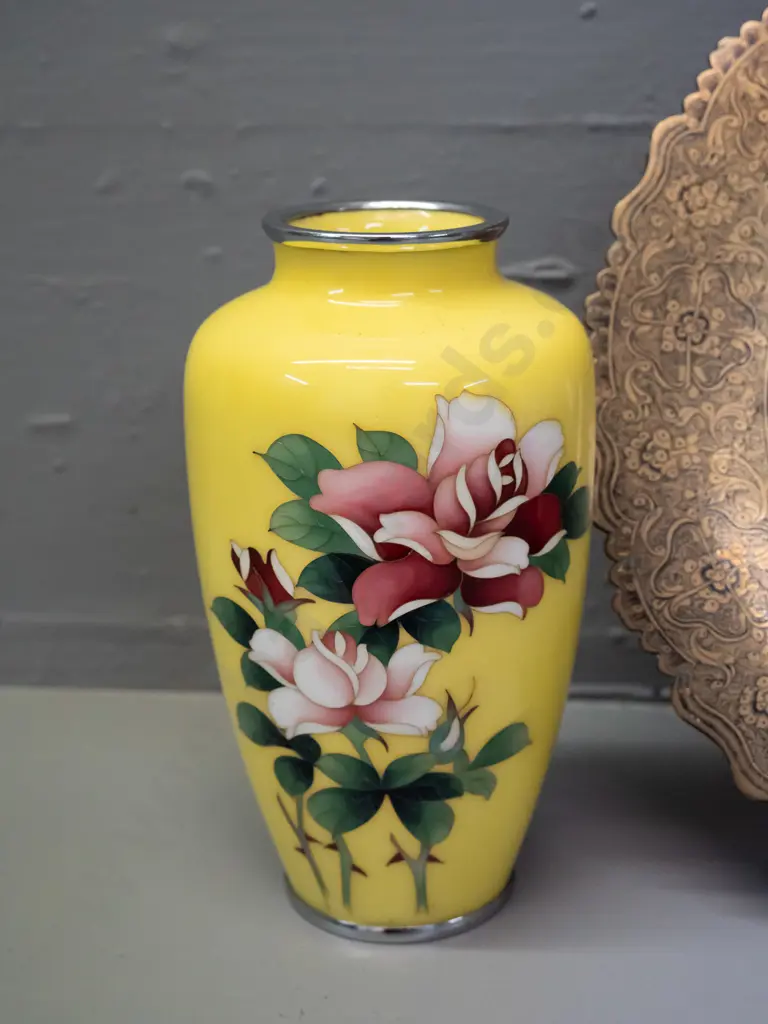 3 items - Iranian Minakari blue lidded pot, brass and niello decorative plate (Syrian?) D-240 and a yellow cloisonne Image 1++