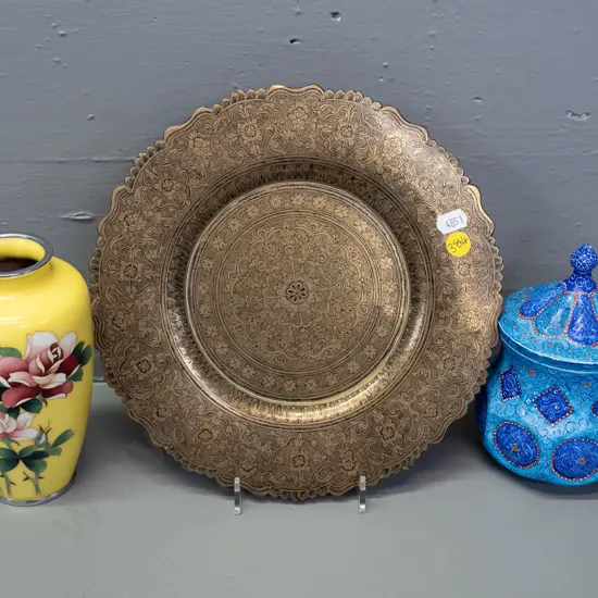 3 items - Iranian Minakari blue lidded pot, brass and niello decorative plate (Syrian?) D-240 and a yellow cloisonne