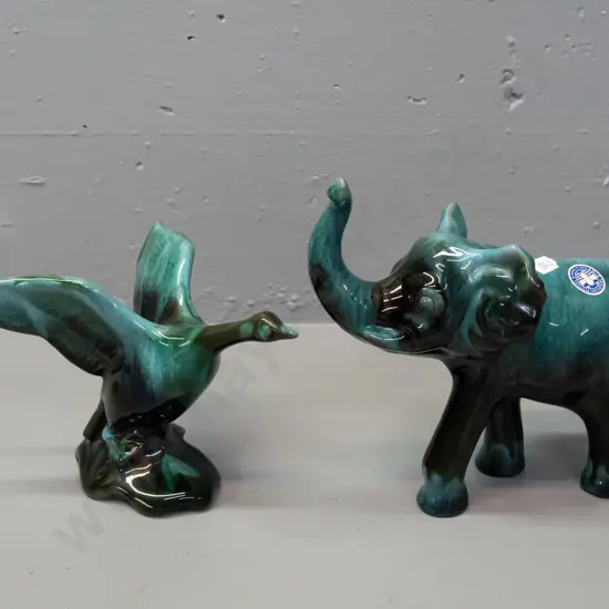 2 Blue Mountain pottery animals - goose taking flight and elephant H-200 L-240