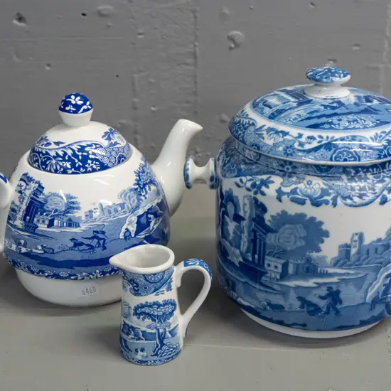 Spode Italian pattern items - biscuit barrel (no handle) H-170 W-160, small teapot and a miniature jug