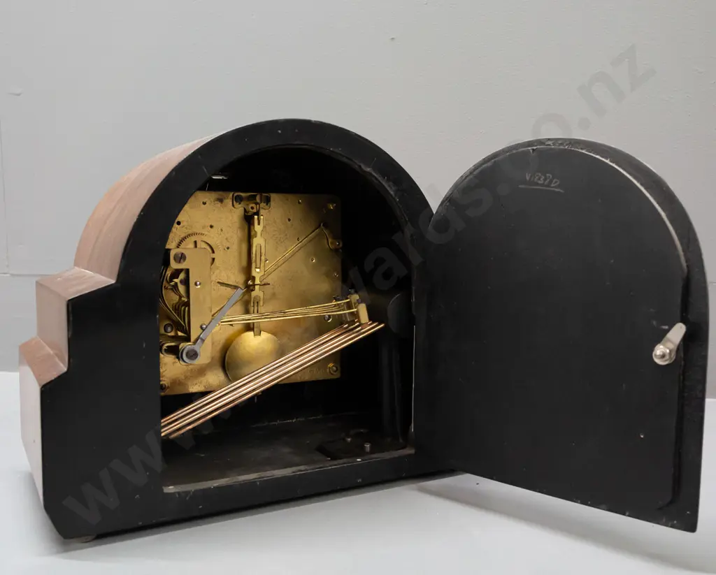 vintage wood-cased mantle clock. Pendulum, no key. Some pitting to chrome bezel. H-215 W-275 D-150 Not going Image 1++