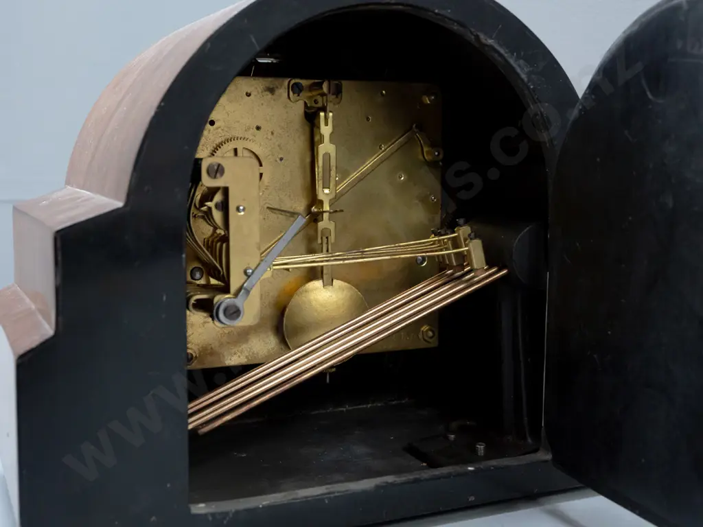 vintage wood-cased mantle clock. Pendulum, no key. Some pitting to chrome bezel. H-215 W-275 D-150 Not going Image 1++