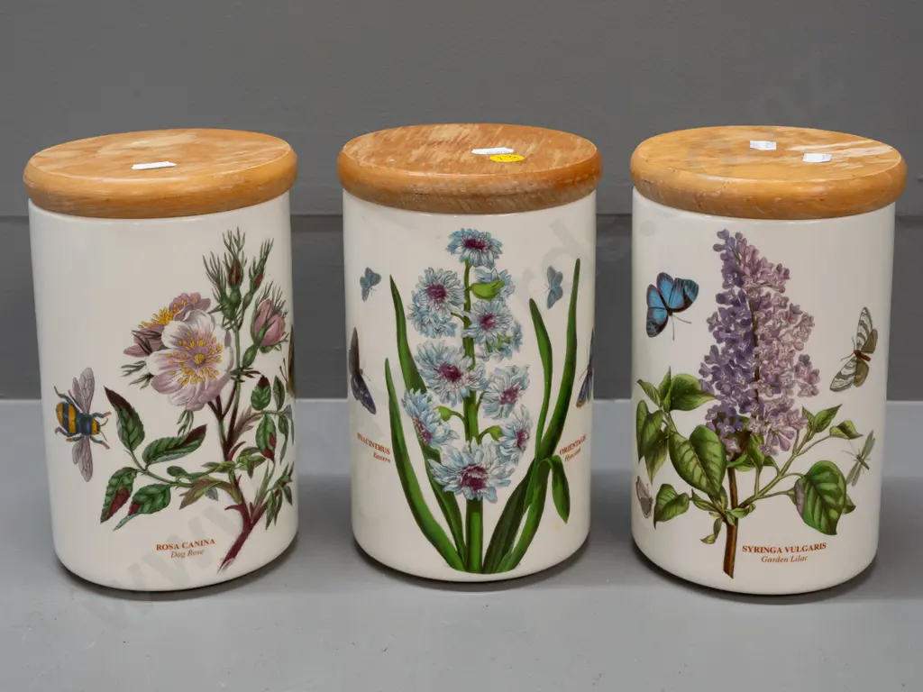 Portmeirion Botanic Garden items - 3 kitchen canisters with wooden lids - water staining to lids H-180 Image 1++