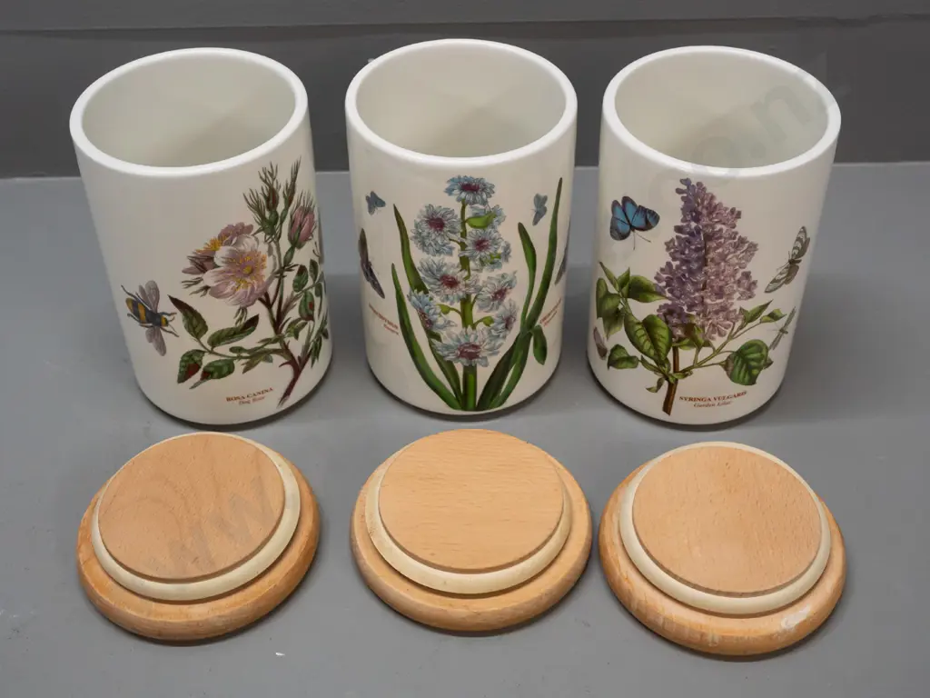 Portmeirion Botanic Garden items - 3 kitchen canisters with wooden lids - water staining to lids H-180 Image 1++