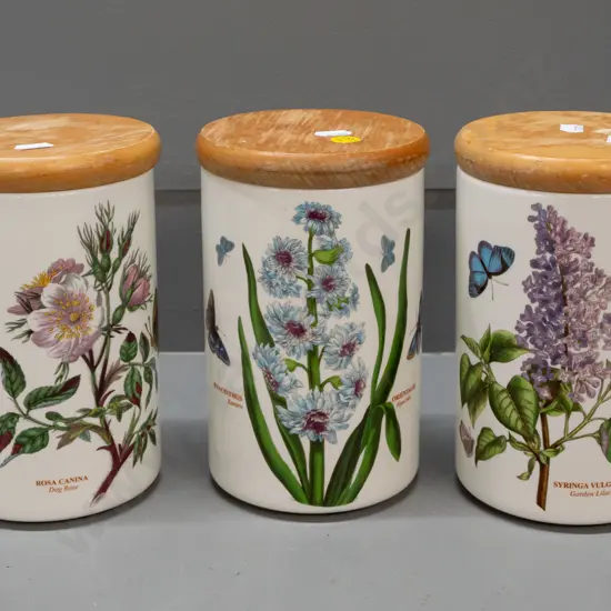 Portmeirion Botanic Garden items - 3 kitchen canisters with wooden lids - water staining to lids H-180