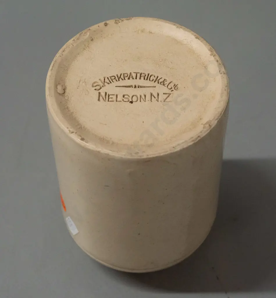 vintage stoneware jar marked S. Kirkpatrick & Co Nelson - has small chip to bottom rim H-155 D-95 Image 1++