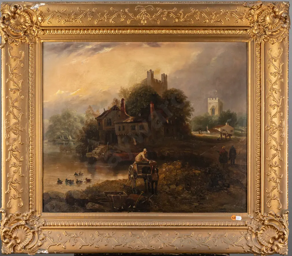 unknown artist - gilt framed oil on canvas - village scene H490 W590 (aging to paint & some damage to frame) Image 1++