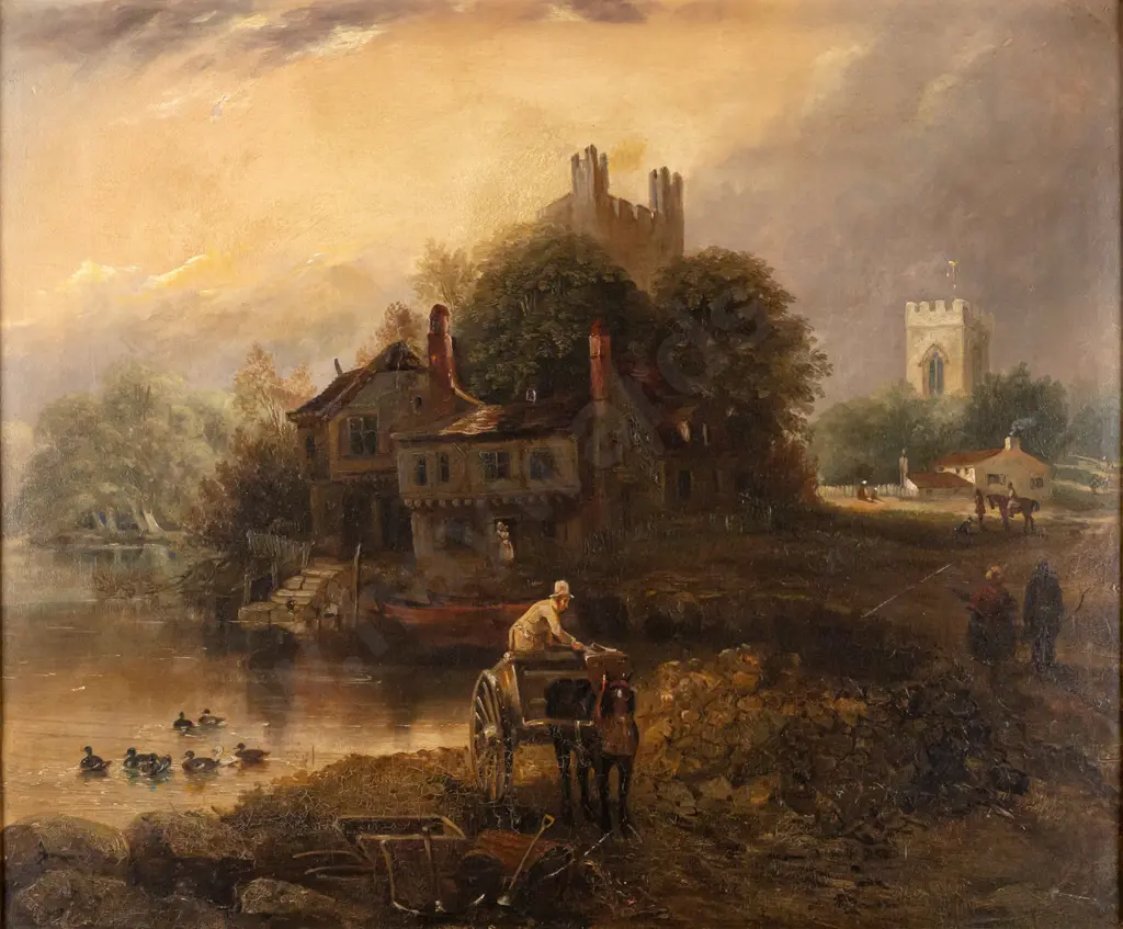 unknown artist - gilt framed oil on canvas - village scene H490 W590 (aging to paint & some damage to frame) Image 1++