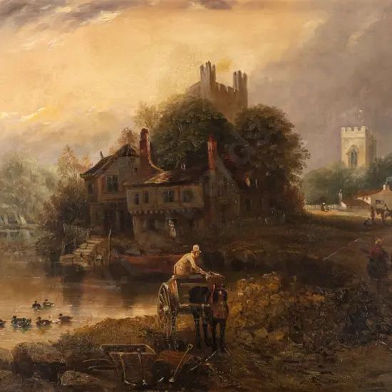 unknown artist - gilt framed oil on canvas - village scene H490 W590 (aging to paint & some damage to frame)