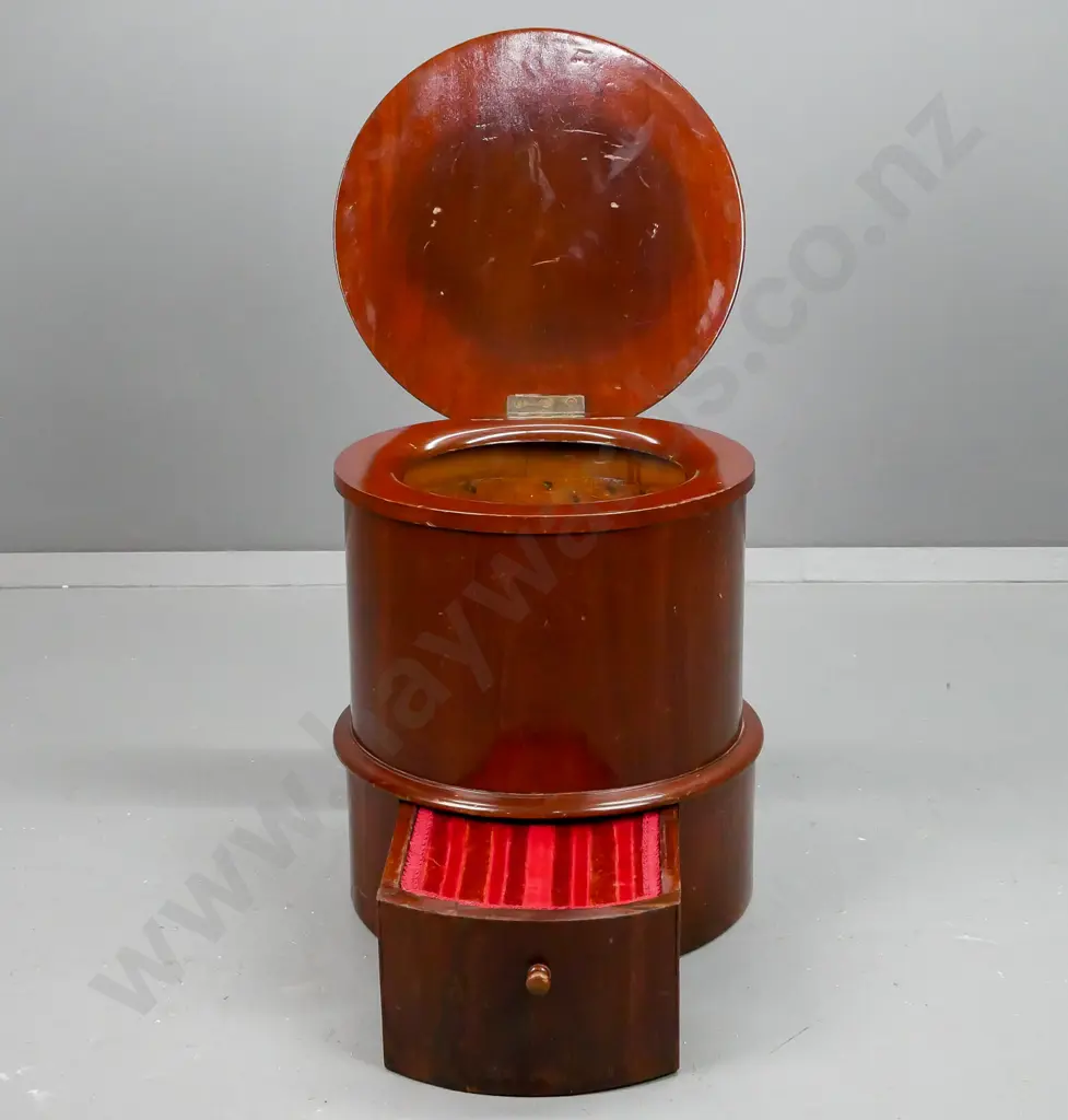 Victorian pine and mahogany commode with hinged lid and slide-out foot rest, upholstered top and foot rest - hinge is Image 1++