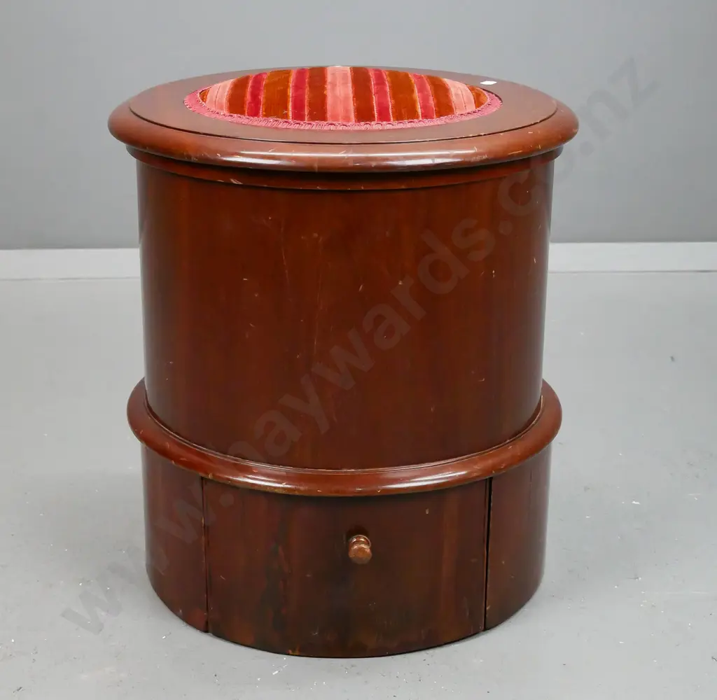 Victorian pine and mahogany commode with hinged lid and slide-out foot rest, upholstered top and foot rest - hinge is Image 1++