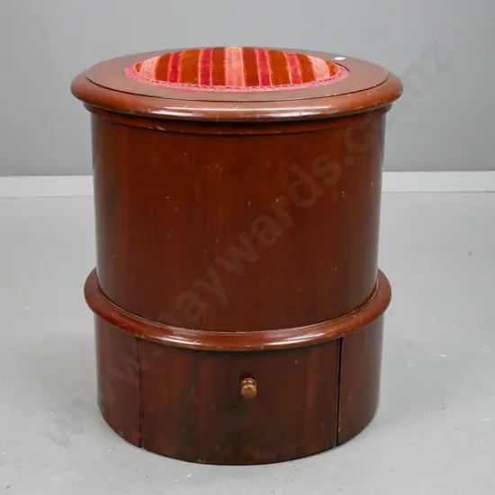 Victorian pine and mahogany commode with hinged lid and slide-out foot rest, upholstered top and foot rest - hinge is