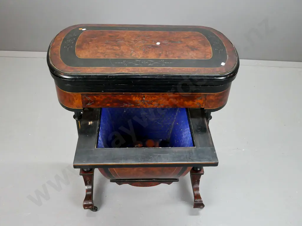 early Victorian work & games table with amboyna veneer panels, boxwood stringing, ebonised legs, brass applied Image 1++