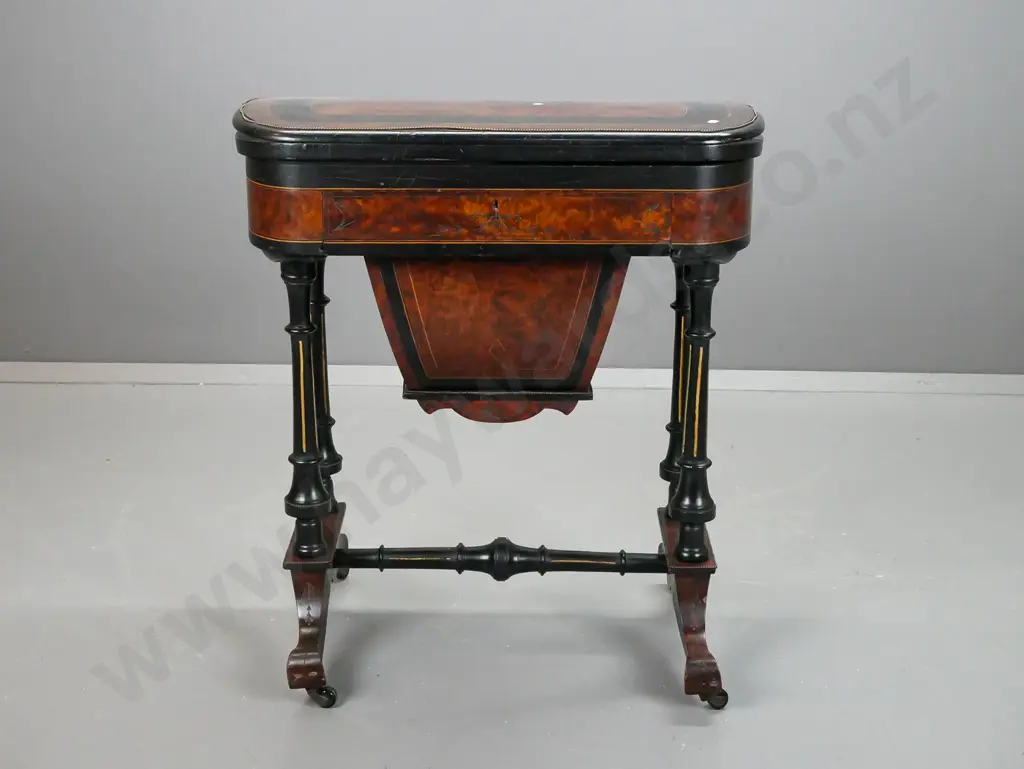 early Victorian work & games table with amboyna veneer panels, boxwood stringing, ebonised legs, brass applied Image 1++