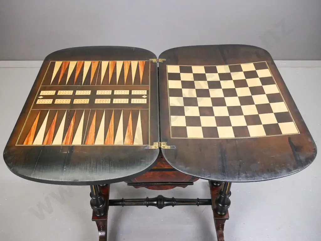 early Victorian work & games table with amboyna veneer panels, boxwood stringing, ebonised legs, brass applied Image 1++