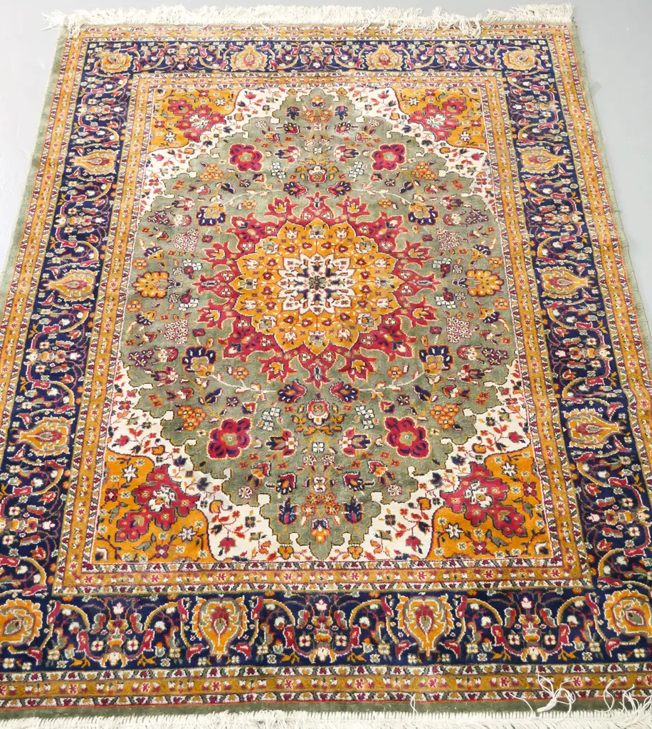 Persian style fine wool or silk? floor rug - multi coloured greens, blues, yellows and reds - some wear to edging L-1700 Image 1++