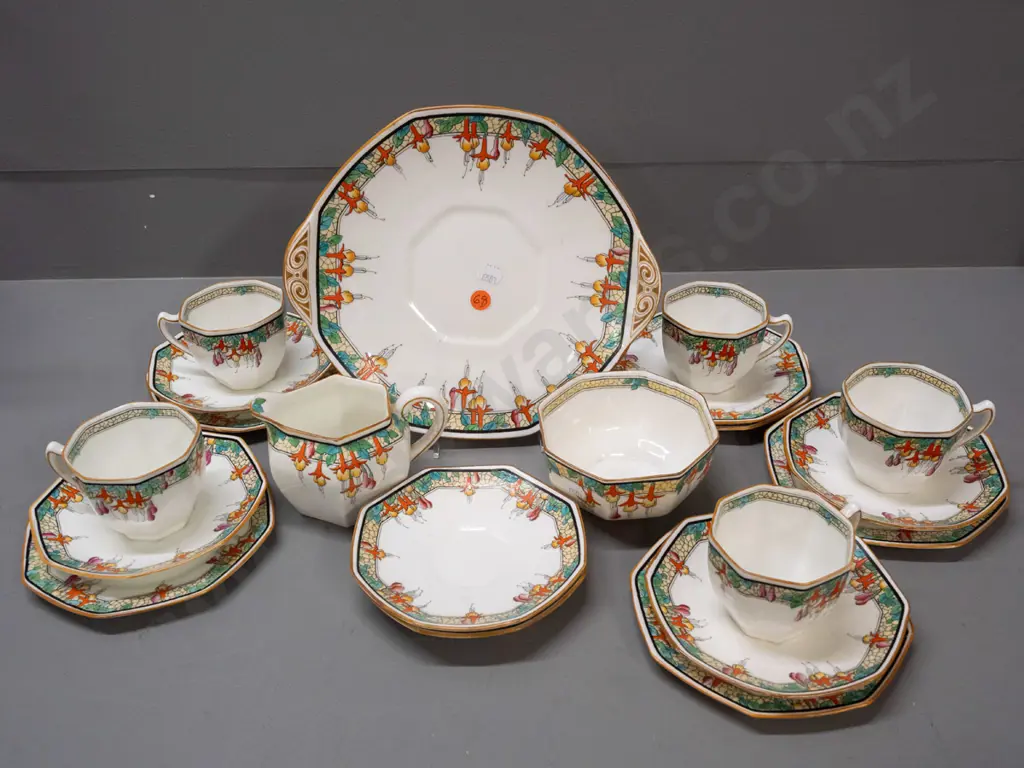 vintage Royal Doulton fuschia pattern tea ware - 5 trios, cake plate, cream jug, sugar bowl, 2 extra saucers - minor Image 1++