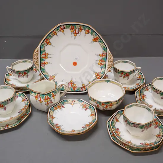 vintage Royal Doulton fuschia pattern tea ware - 5 trios, cake plate, cream jug, sugar bowl, 2 extra saucers - minor