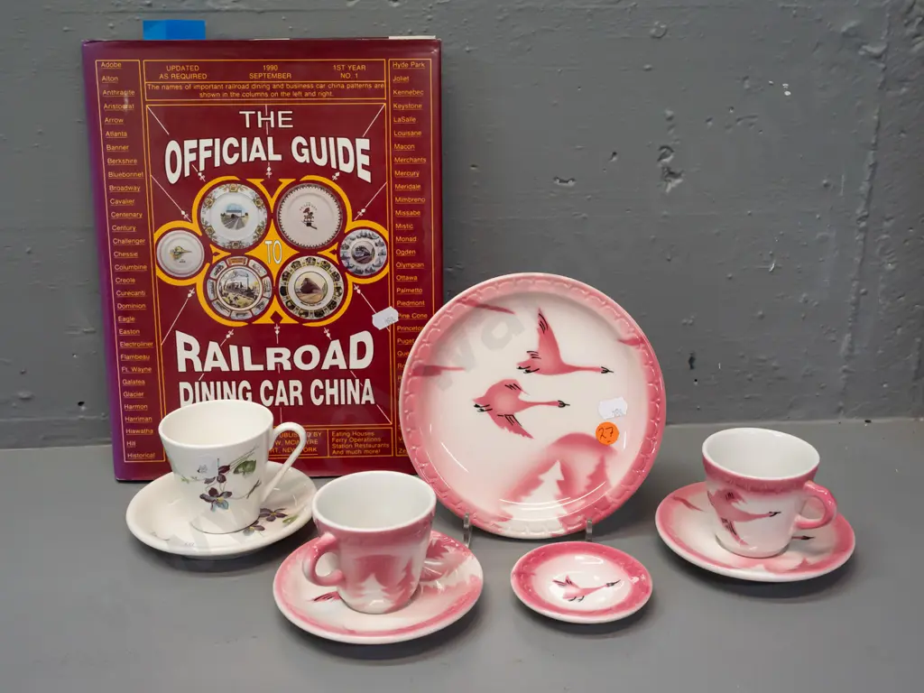 vintage American railway china made by Syracuse china - pink bird motif plate, 2 demi-tasse cups & saucer & pin dish and Image 1++