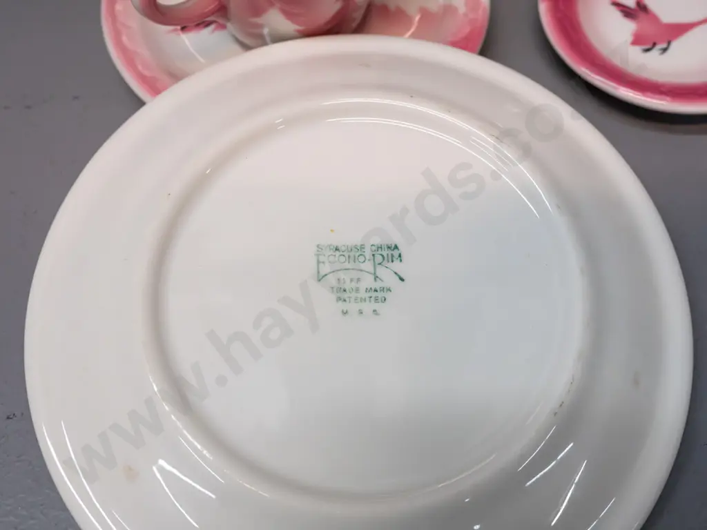 vintage American railway china made by Syracuse china - pink bird motif plate, 2 demi-tasse cups & saucer & pin dish and Image 1++