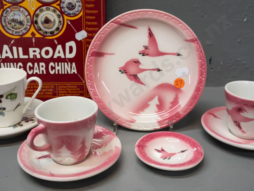 vintage American railway china made by Syracuse china - pink bird motif plate, 2 demi-tasse cups & saucer & pin dish and Image 1++