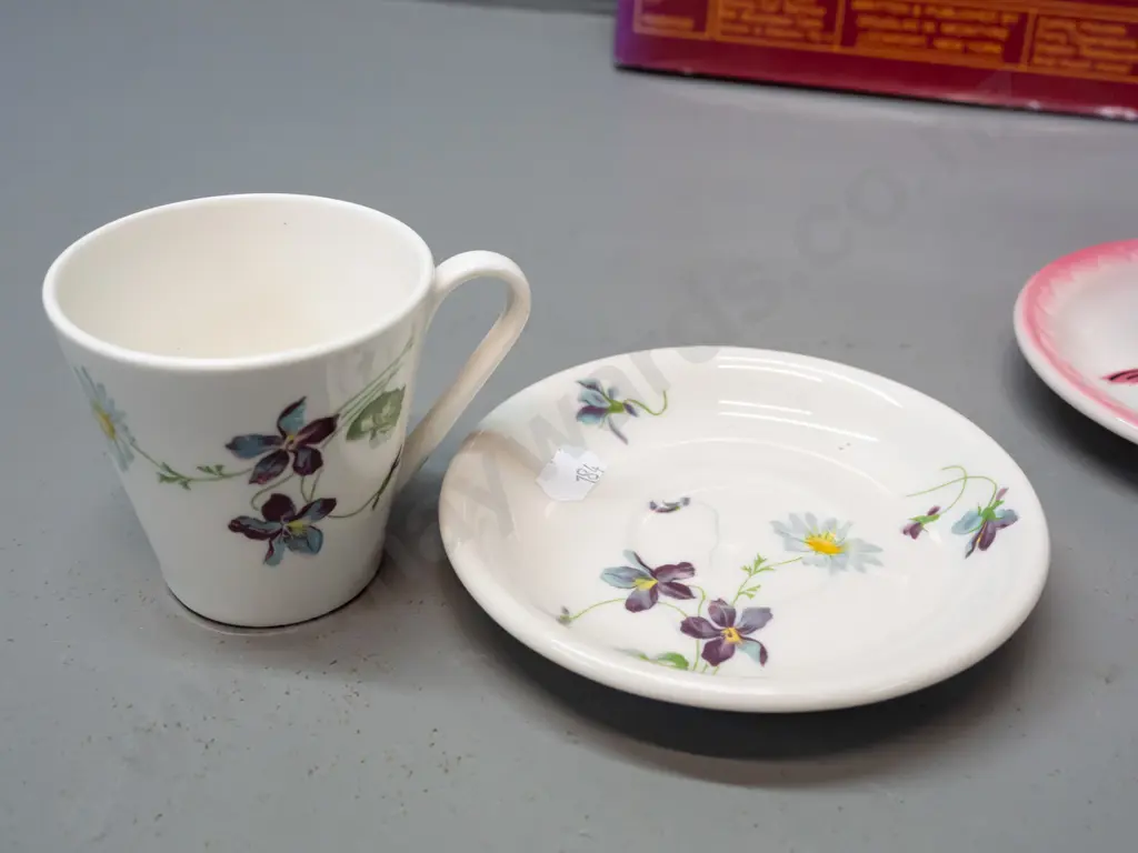 vintage American railway china made by Syracuse china - pink bird motif plate, 2 demi-tasse cups & saucer & pin dish and Image 1++