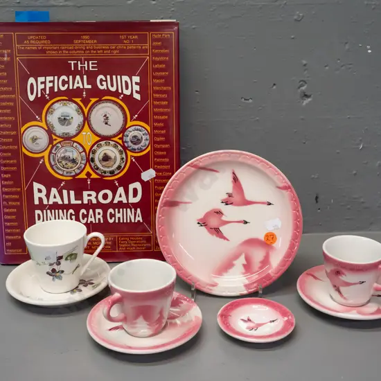 vintage American railway china made by Syracuse china - pink bird motif plate, 2 demi-tasse cups & saucer & pin dish and