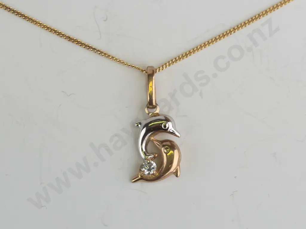 9ct 2 stone gold dolphin & rolled gold chain Image 1++
